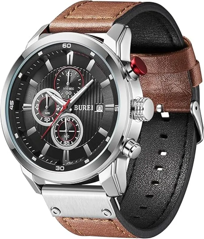 BUREI Men Watches,Waterproof Analog Dress Wrist Brown Leather Watches for Men with Black dial,Multifunction Watches for Men. sold by Burei