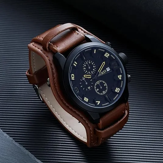 BUREI Men's Black Leather Multifunction Chronograph Fashion Waterproof Business Casual Analog Quartz Watch sold by Burei product image thumbnail 3