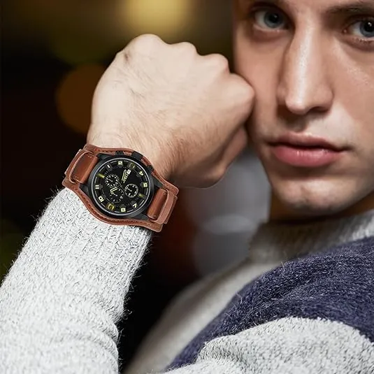 BUREI Men's Black Leather Multifunction Chronograph Fashion Waterproof Business Casual Analog Quartz Watch sold by Burei product image thumbnail 4