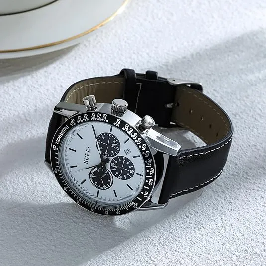 BUREI Men's Black Leather Multifunction Chronograph Fashion Waterproof Business Casual Analog Quartz Watch sold by Burei
