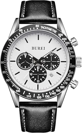 BUREI Men's Black Leather Multifunction Chronograph Fashion Waterproof Business Casual Analog Quartz Watch sold by Burei product image thumbnail 2