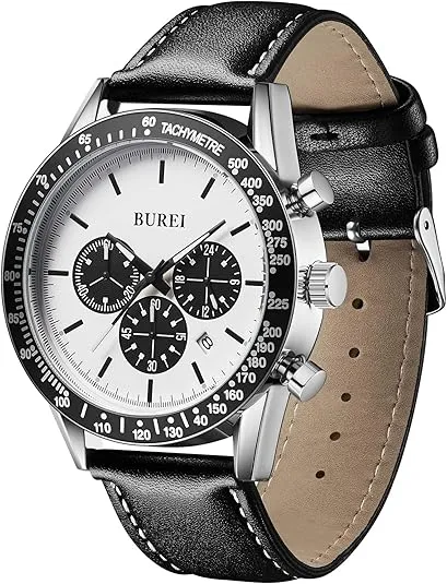BUREI Men's Black Leather Multifunction Chronograph Fashion Waterproof Business Casual Analog Quartz Watch sold by Burei product image thumbnail 3