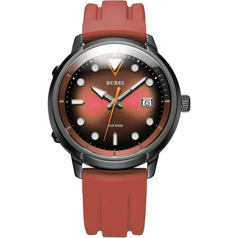 BUREI Men's Diving Watch 500 Meters Waterproof Mechanical Watch Large Dial Fashion Stainless Steel Watch Silicone Strap Luminous Pointer sold by Burei