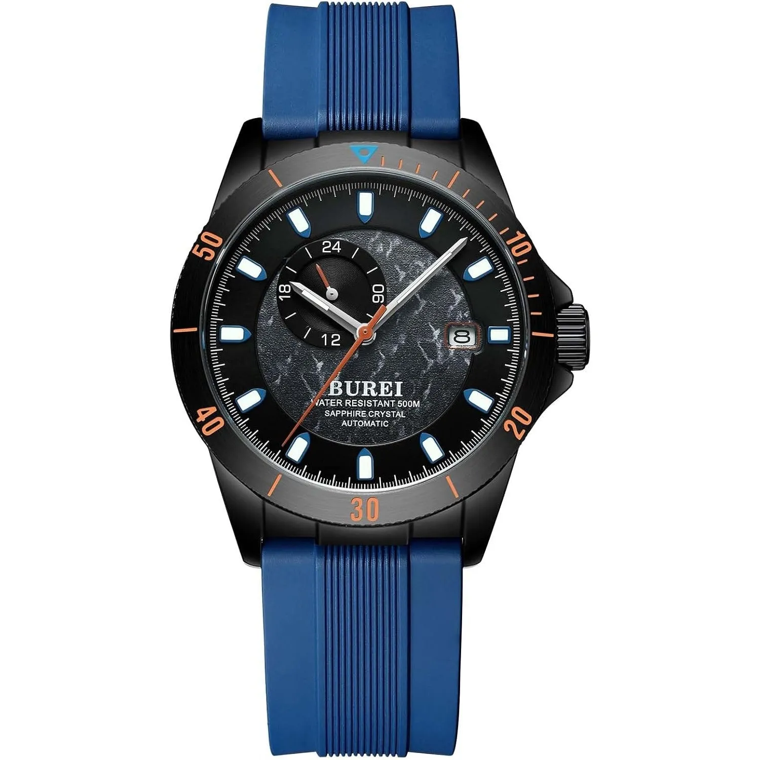 BUREI Men's Diving Watch 500 Meters Waterproof Mechanical Watch Large Dial Fashion Stainless Steel Watch Silicone Strap Luminous Pointer sold by Burei