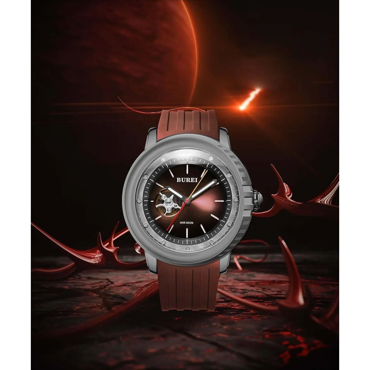 BUREI Men's Diving Watch 500 Meters Waterproof Mechanical Watch Large Dial Fashion Men's Watches Titanium Steel Dial Silicone Strap Luminous Pointer sold by Burei product image thumbnail 4