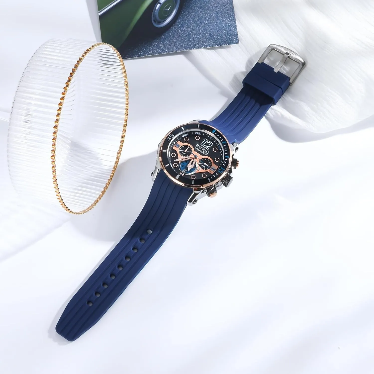 BUREI Mens Multifunction Watches Analog Waterproof Chronograph Watch for Men Military Sports Wrist Watch with Fashion Waterproof Silicone Band Stainless Steel Watch Dial sold by Burei product image thumbnail 4