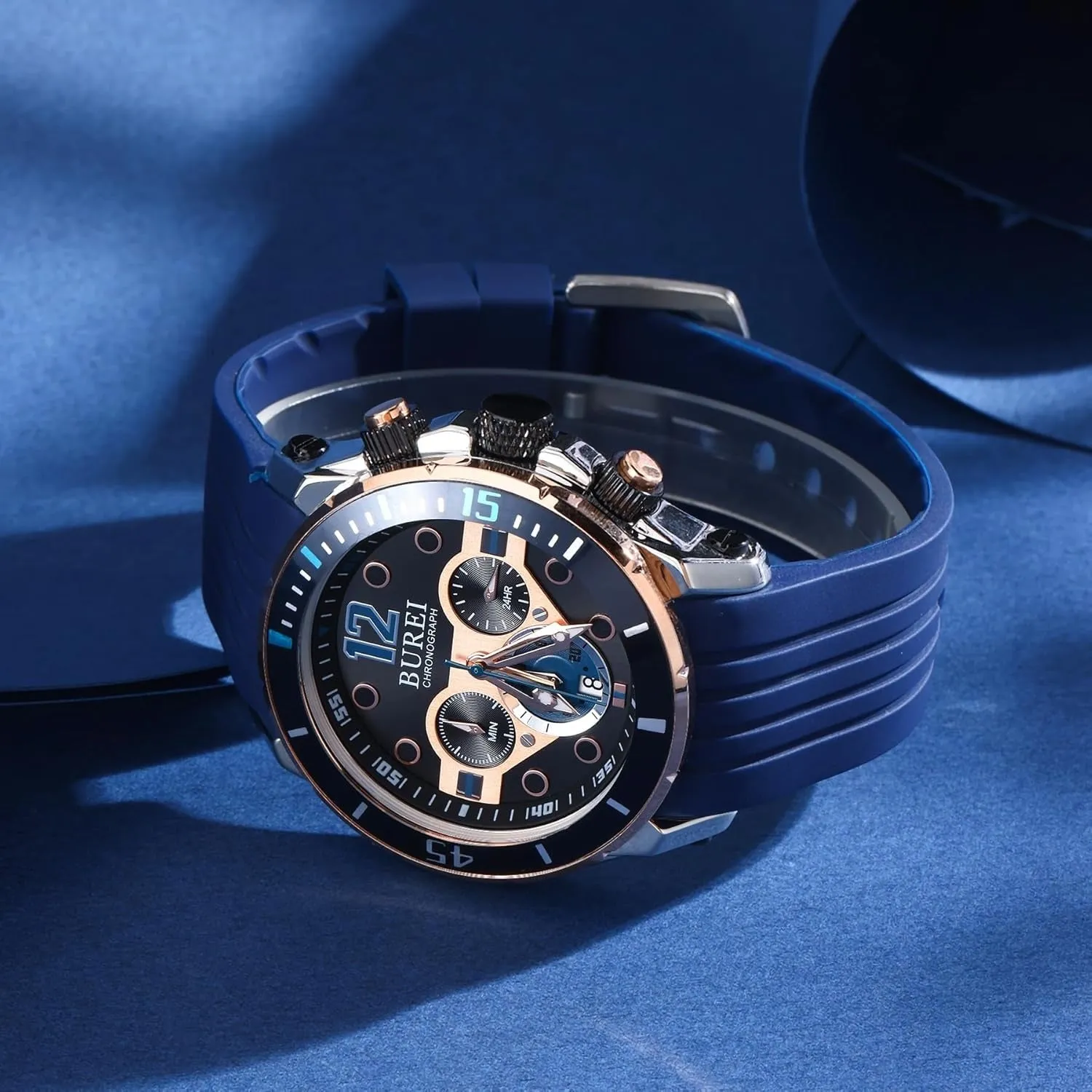 BUREI Mens Multifunction Watches Analog Waterproof Chronograph Watch for Men Military Sports Wrist Watch with Fashion Waterproof Silicone Band Stainless Steel Watch Dial sold by Burei product image thumbnail 5