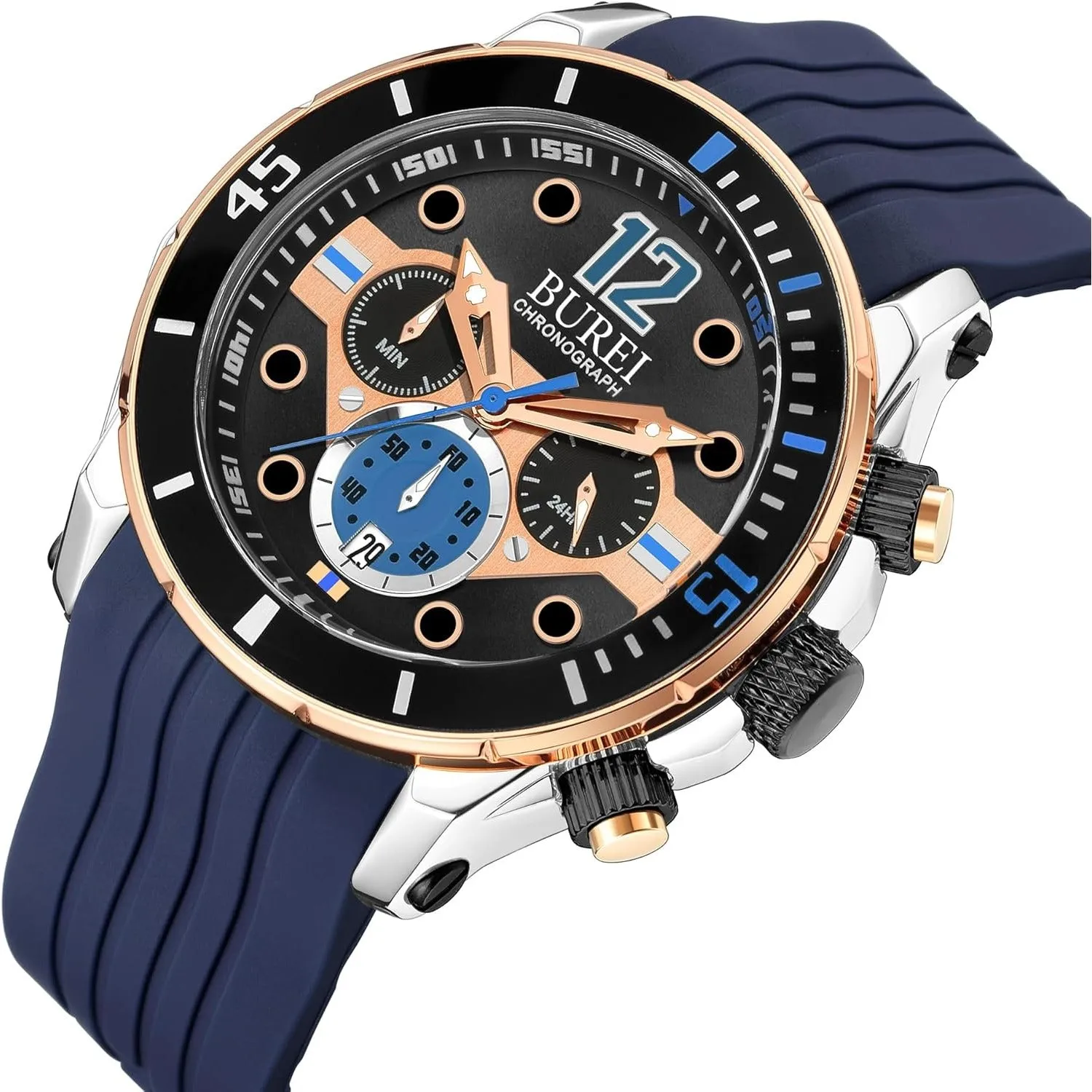 BUREI Mens Multifunction Watches Analog Waterproof Chronograph Watch for Men Military Sports Wrist Watch with Fashion Waterproof Silicone Band Stainless Steel Watch Dial sold by Burei product image thumbnail 2