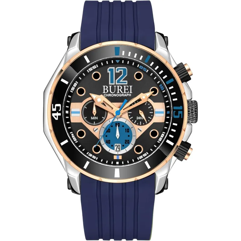 BUREI Mens Multifunction Watches Analog Waterproof Chronograph Watch for Men Military Sports Wrist Watch with Fashion Waterproof Silicone Band Stainless Steel Watch Dial sold by Burei