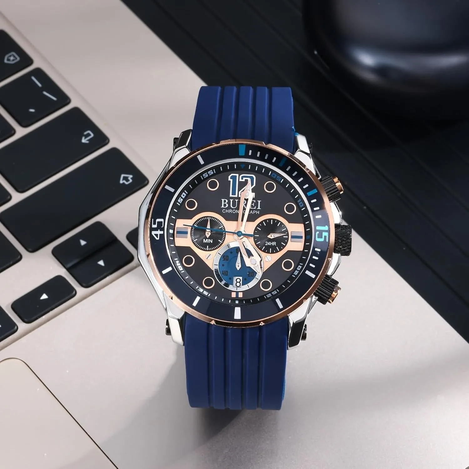 BUREI Mens Multifunction Watches Analog Waterproof Chronograph Watch for Men Military Sports Wrist Watch with Fashion Waterproof Silicone Band Stainless Steel Watch Dial sold by Burei product image thumbnail 3