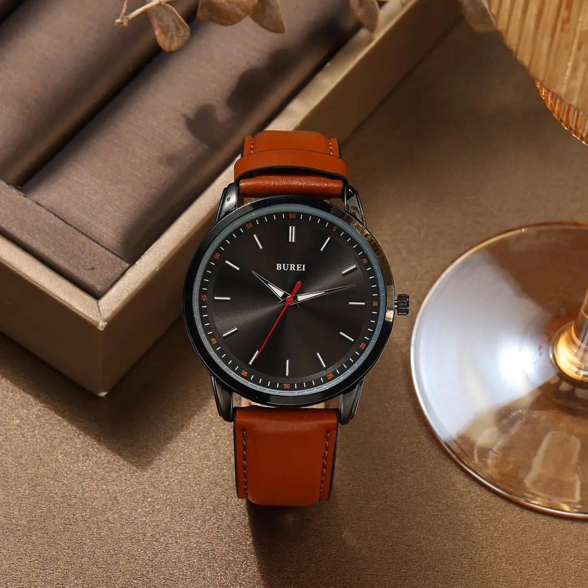 BUREI Mens Fashion Watches Dress Minimalist Wrist Watches for Men Brown Leather Analog Watch Display with Slim Case Design relojes para Hombres sold by Burei product image thumbnail 3