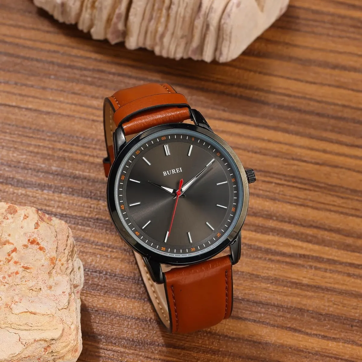 BUREI Mens Fashion Watches Dress Minimalist Wrist Watches for Men Brown Leather Analog Watch Display with Slim Case Design relojes para Hombres sold by Burei product image thumbnail 2