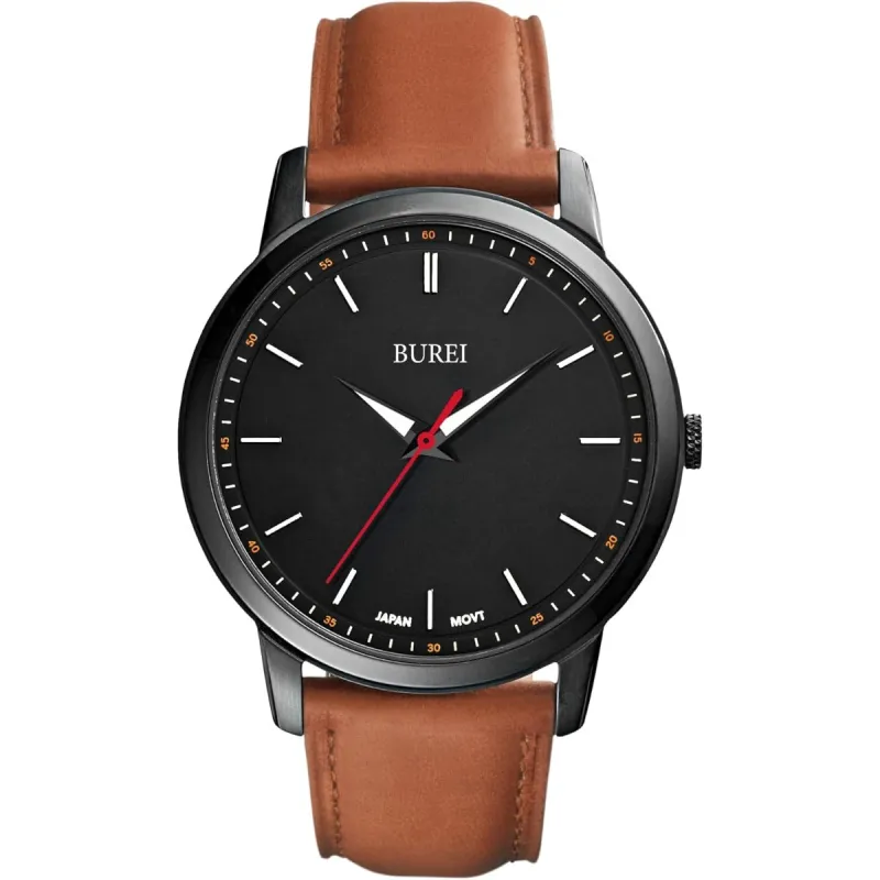 BUREI Mens Fashion Watches Dress Minimalist Wrist Watches for Men Brown Leather Analog Watch Display with Slim Case Design relojes para Hombres sold by Burei
