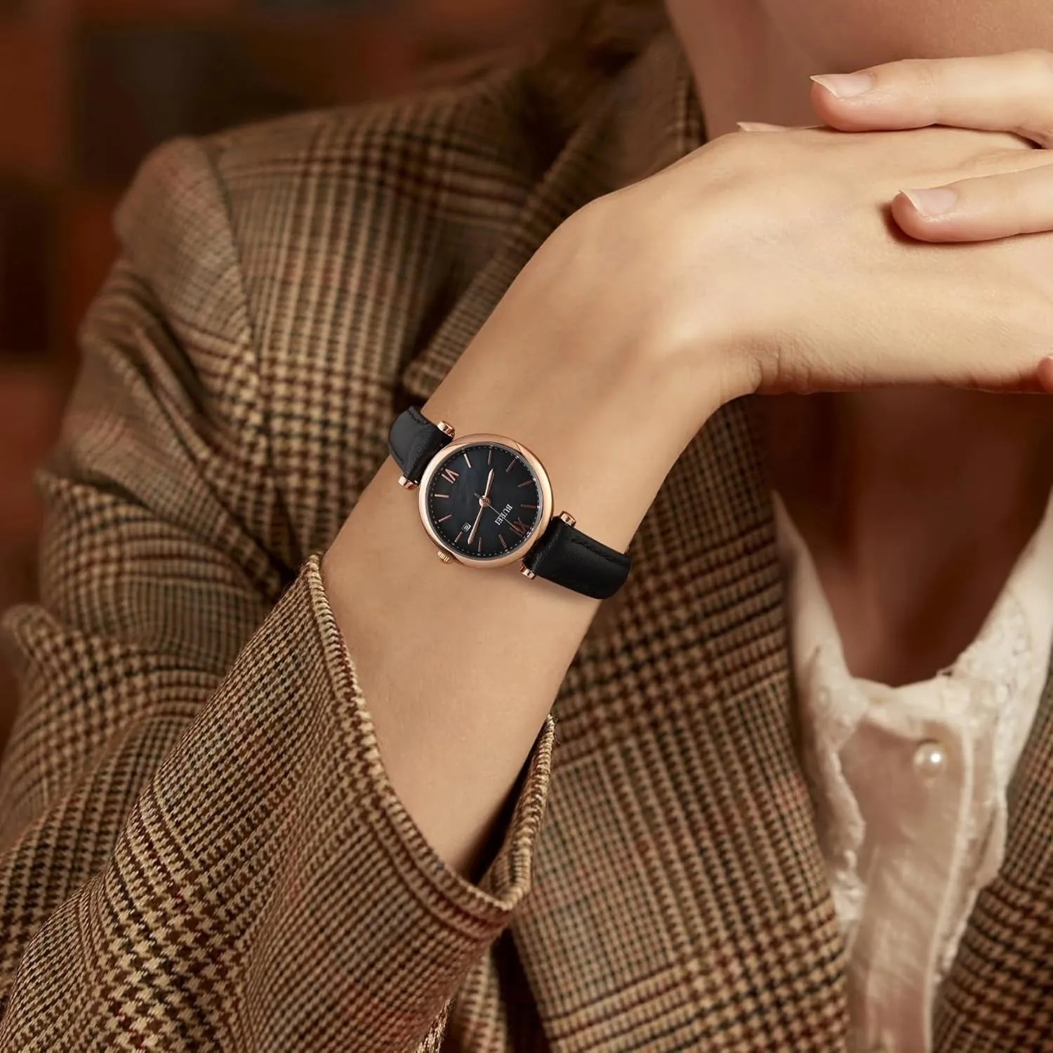 BUREI Women's Black Leather Strap Watch Fashion Simple Analog Quartz Waterproof Watches for Women Three Hands,Gift for her sold by Burei product image thumbnail 5