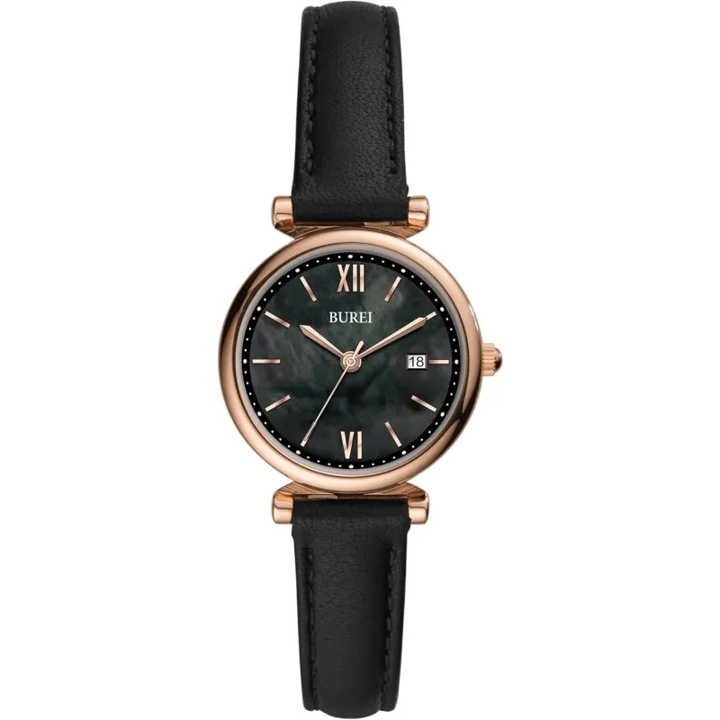 BUREI Women's Black Leather Strap Watch Fashion Simple Analog Quartz Waterproof Watches for Women Three Hands,Gift for her sold by Burei