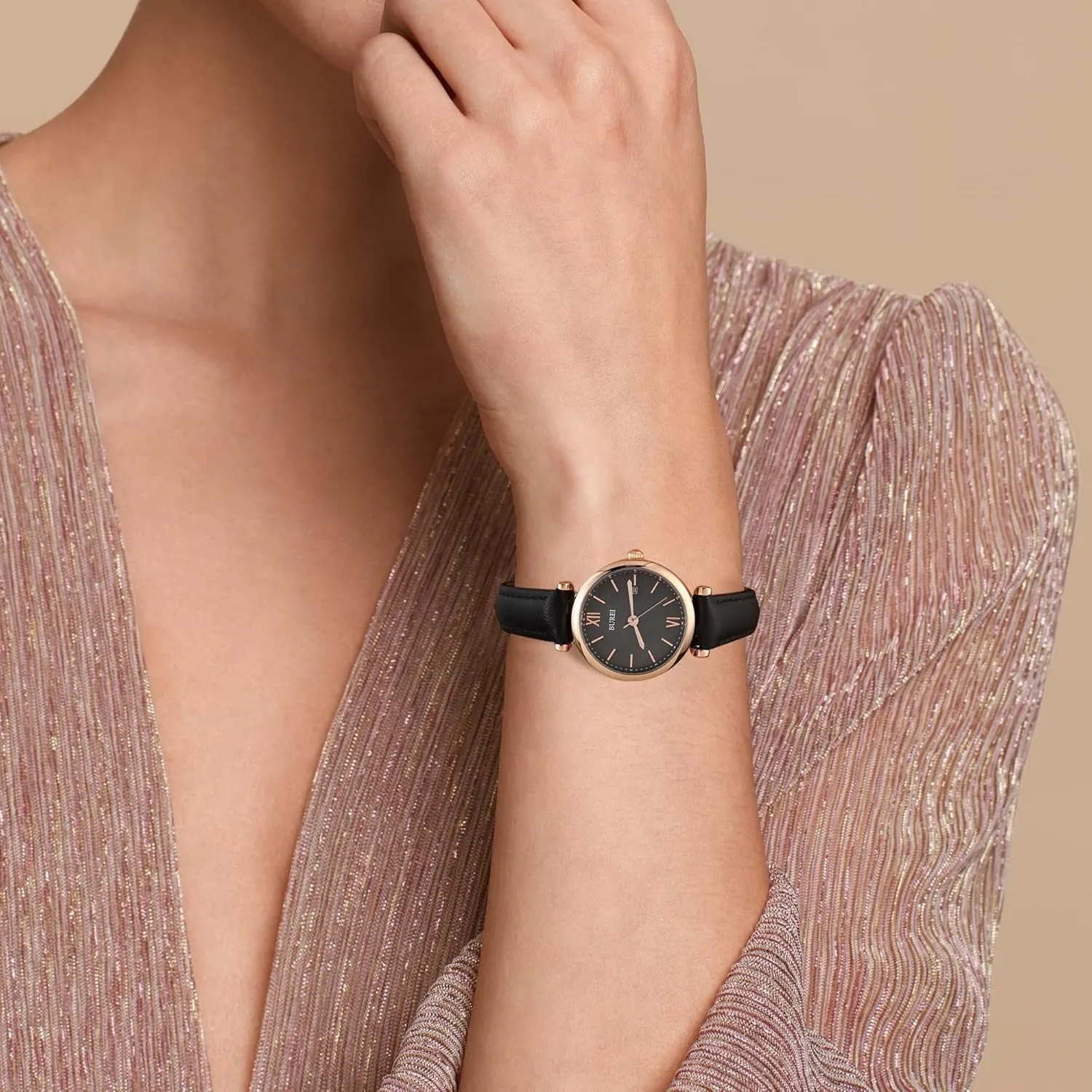 BUREI Women's Black Leather Strap Watch Fashion Simple Analog Quartz Waterproof Watches for Women Three Hands,Gift for her sold by Burei product image thumbnail 3