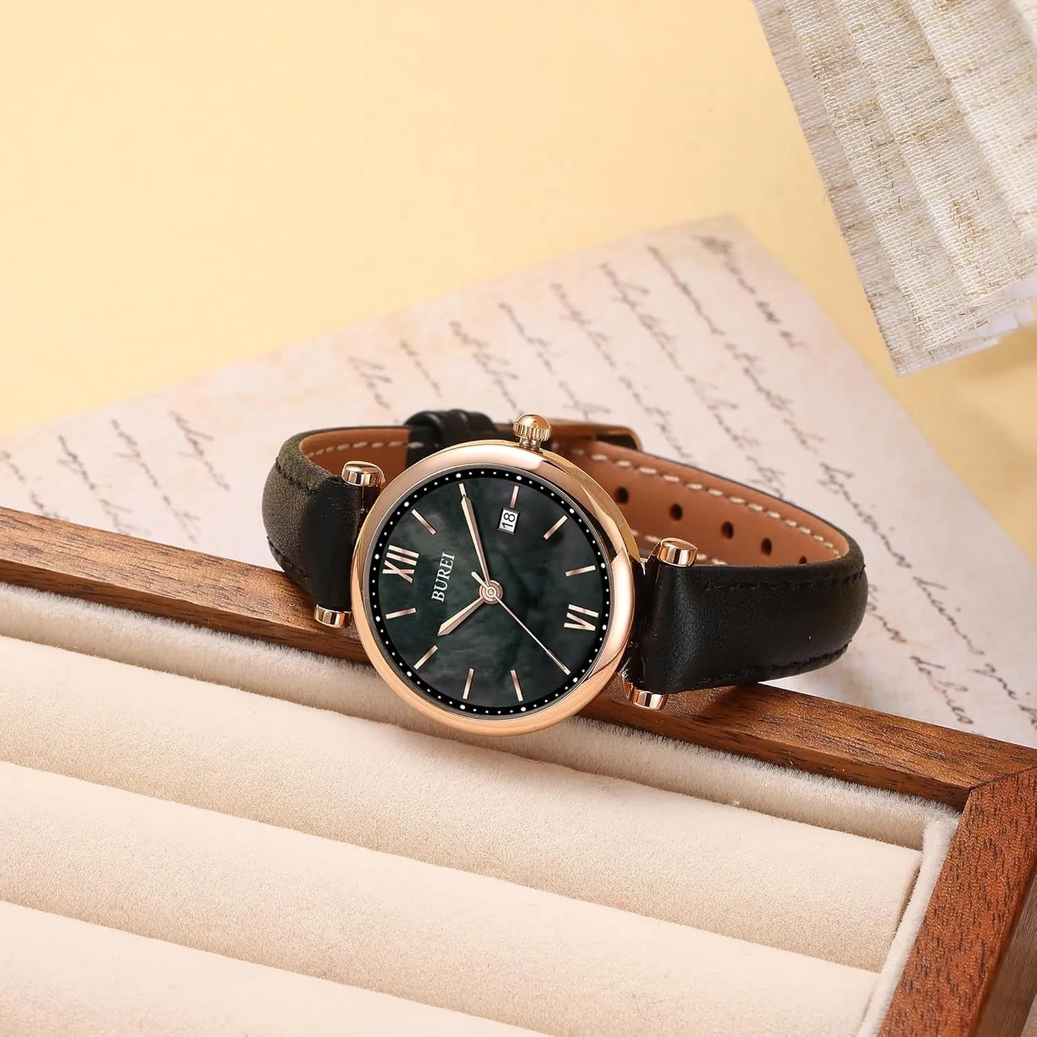 BUREI Women's Black Leather Strap Watch Fashion Simple Analog Quartz Waterproof Watches for Women Three Hands,Gift for her sold by Burei product image thumbnail 2