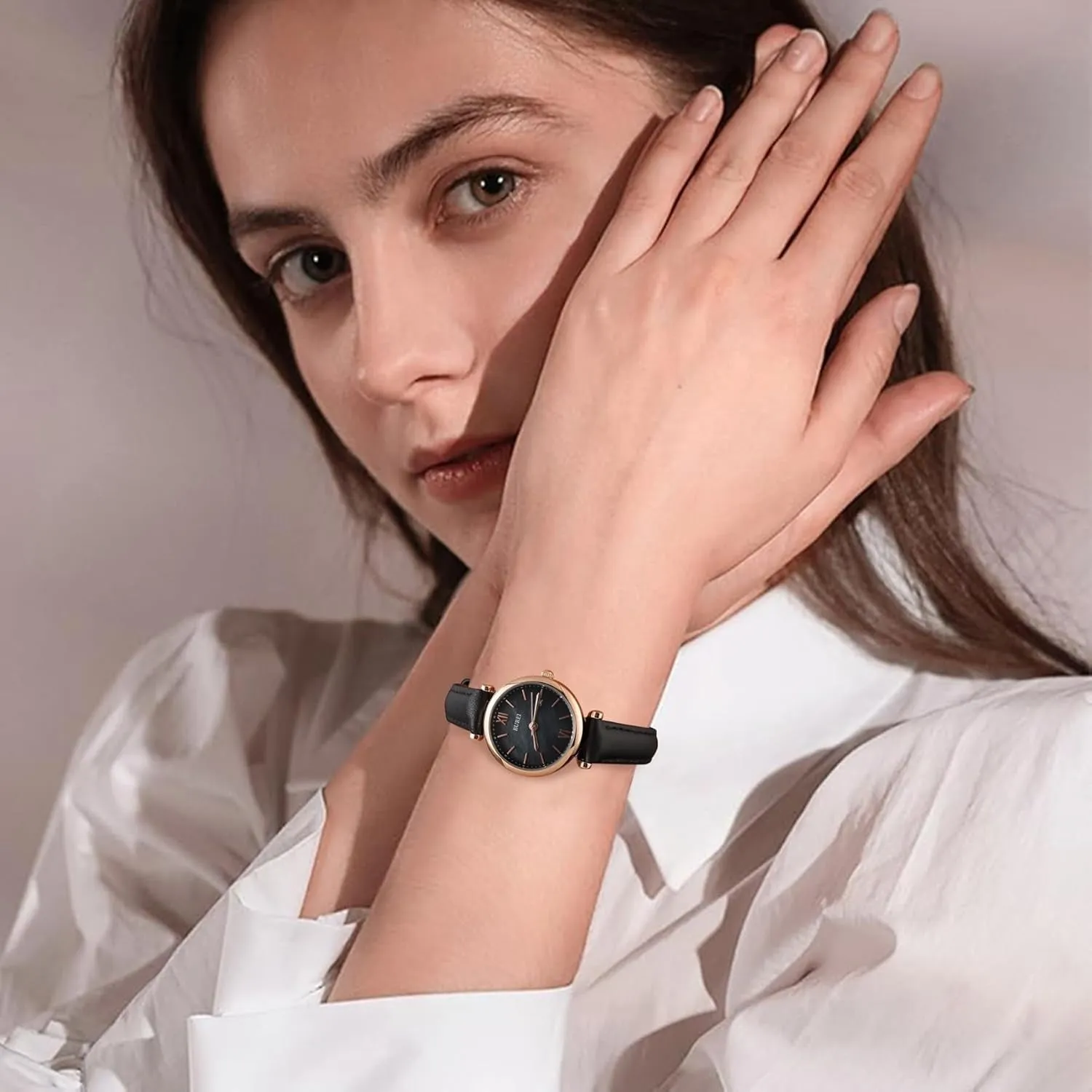 BUREI Women's Black Leather Strap Watch Fashion Simple Analog Quartz Waterproof Watches for Women Three Hands,Gift for her sold by Burei product image thumbnail 4