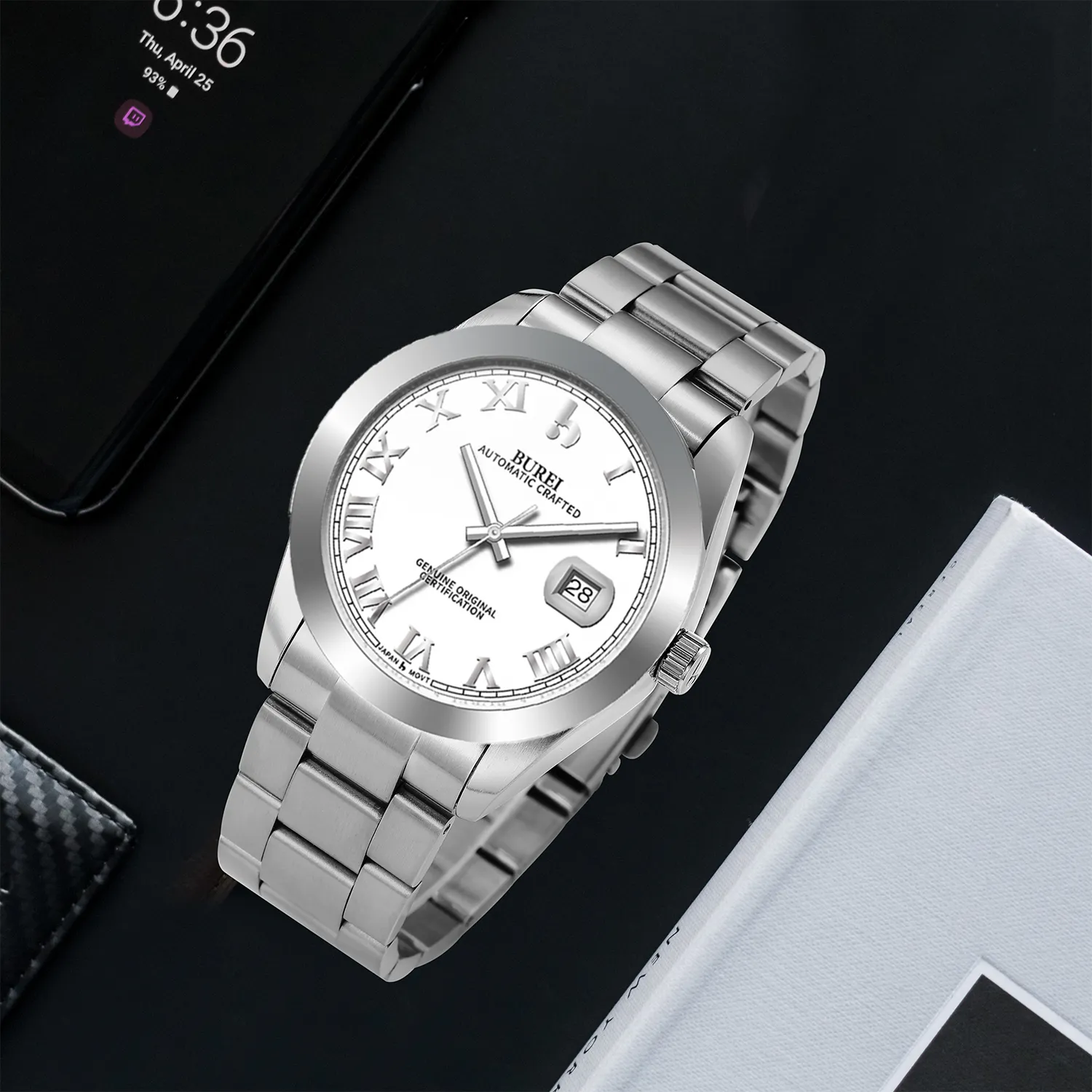 BUREI Men's Watch 41mm, Classic Stainless Steel, Waterproof Machine Watch with Date, Sapphire Crystal, Business Dress Wristwatch sold by Burei product image thumbnail 3