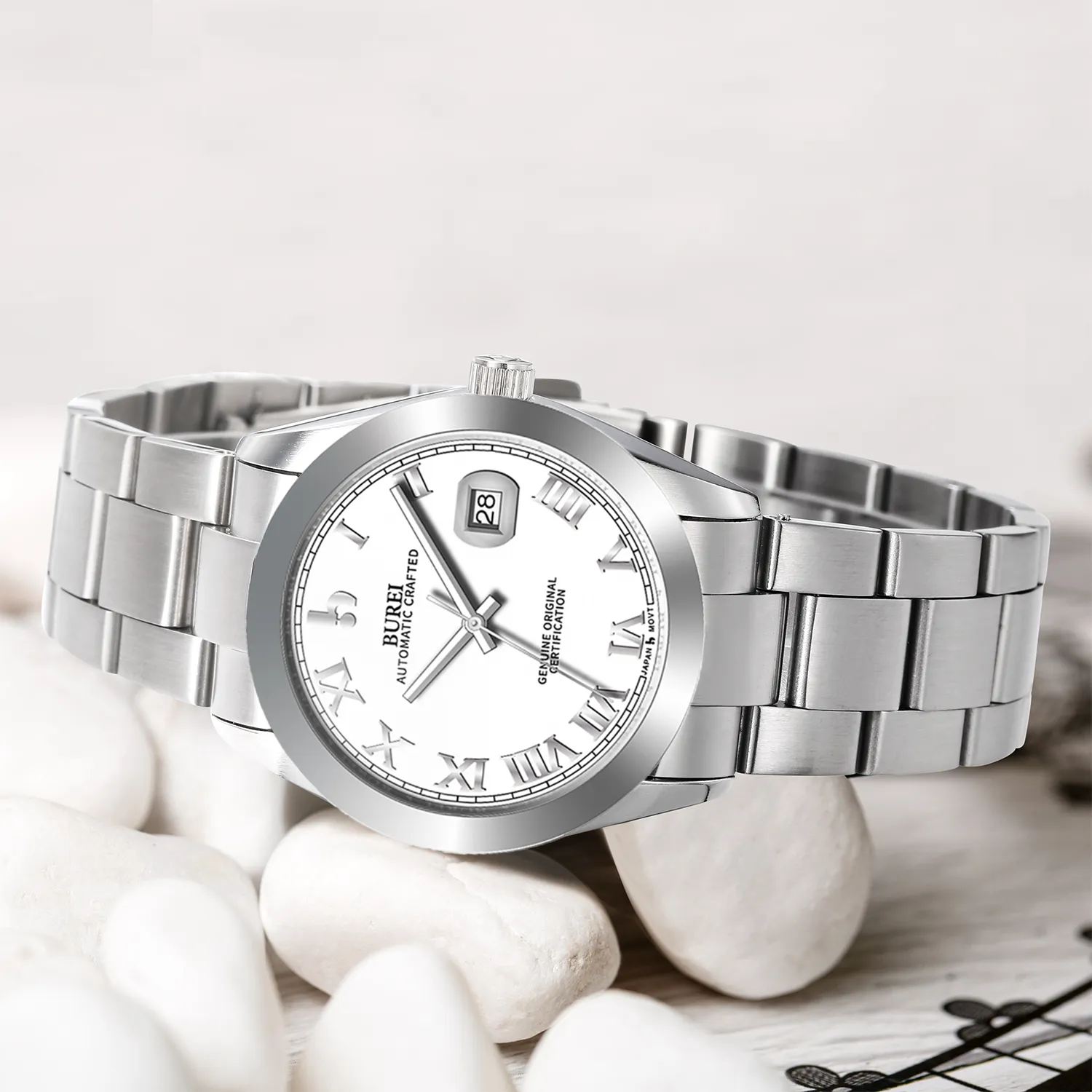 BUREI Men's Watch 41mm, Classic Stainless Steel, Waterproof Machine Watch with Date, Sapphire Crystal, Business Dress Wristwatch sold by Burei product image thumbnail 2