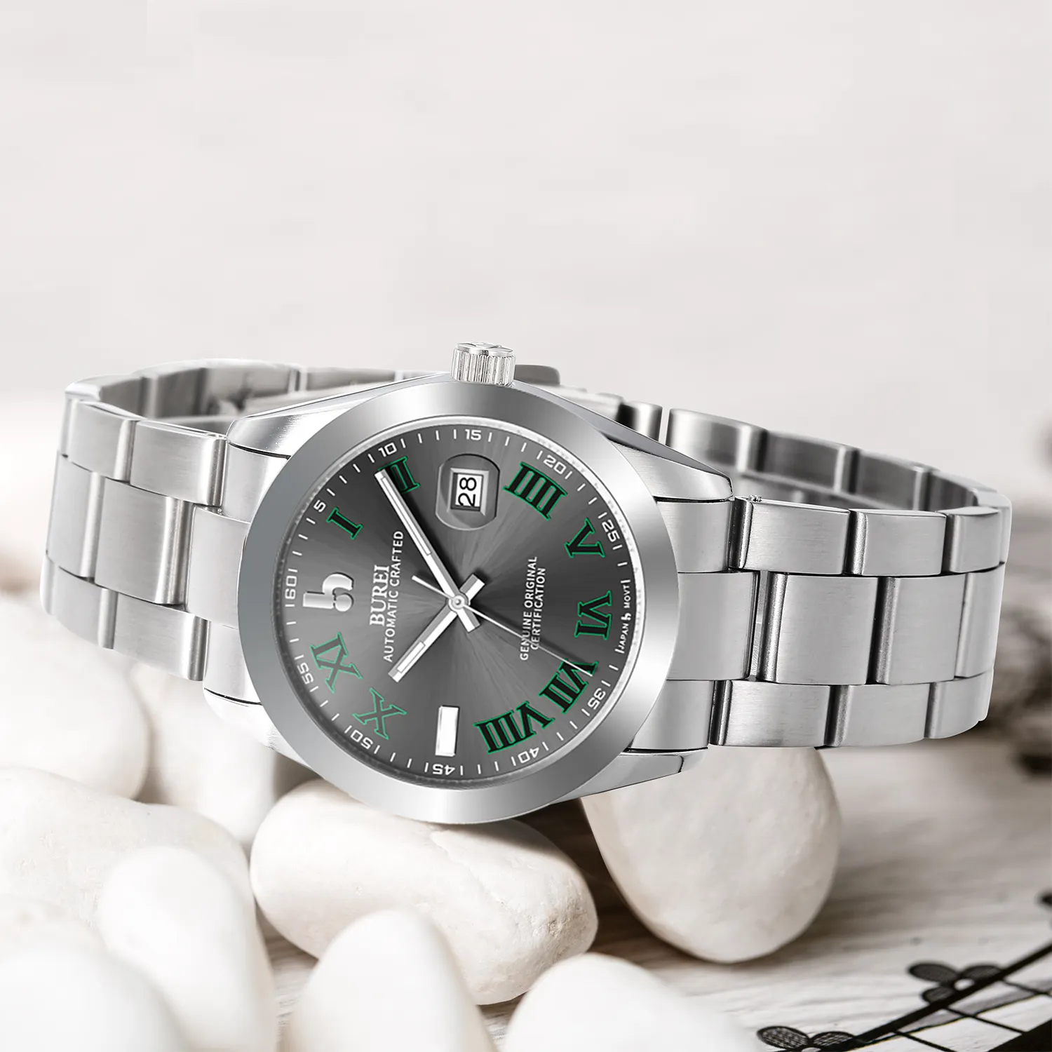 BUREI Men's Watch 41mm, Classic Stainless Steel, Waterproof Machine Watch with Date, Sapphire Crystal, Business Dress Wristwatch sold by Burei product image thumbnail 2