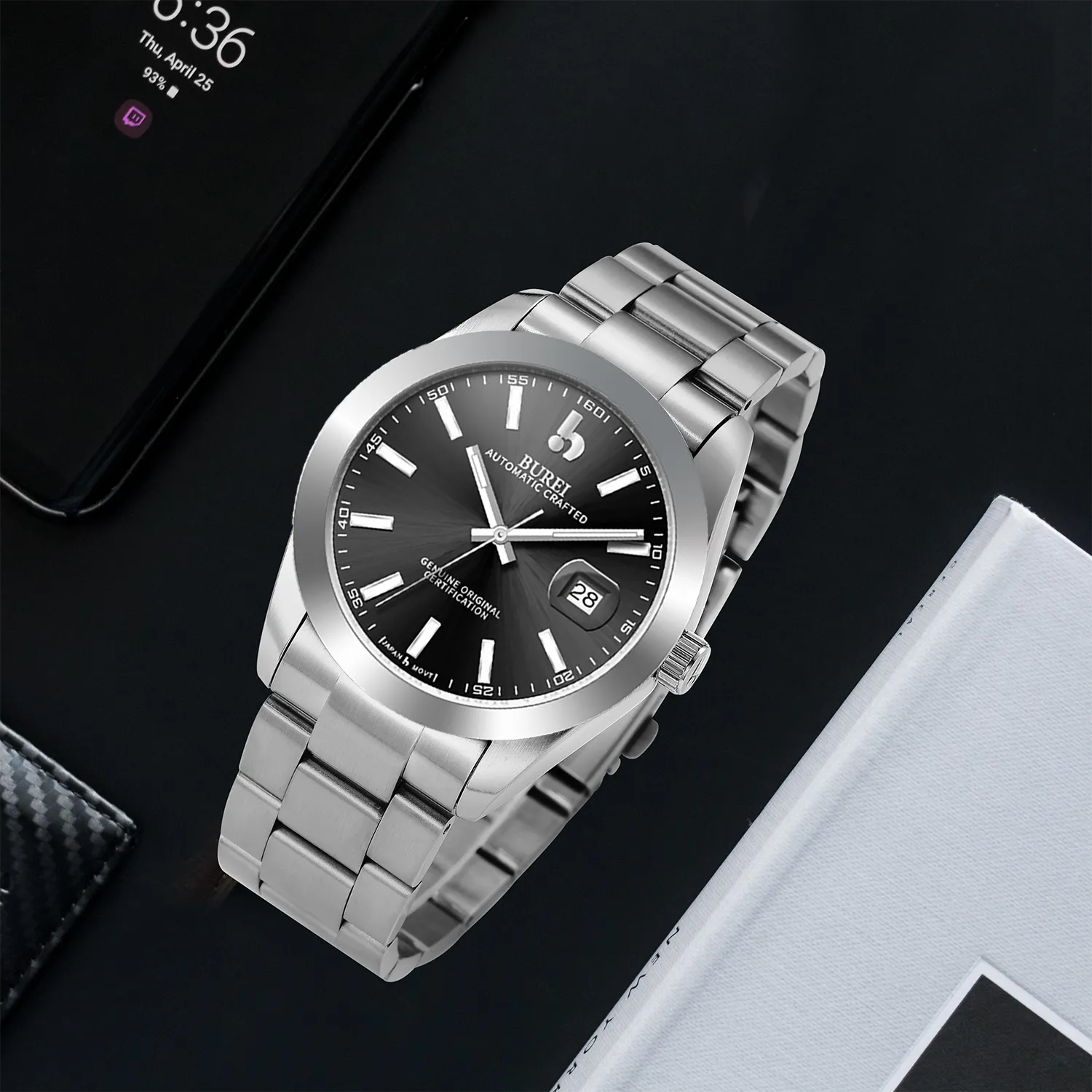 BUREI Men's Watch 41mm, Classic Stainless Steel, Waterproof Machine Watch with Date, Sapphire Crystal, Business Dress Wristwatch sold by Burei product image thumbnail 3