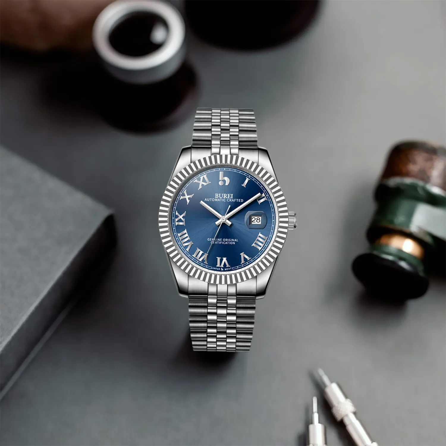 BUREI Men's Watch 41mm, Classic Stainless Steel, Waterproof Machine Watch with Date, Sapphire Crystal, Business Dress Wristwatch sold by Burei product image thumbnail 5