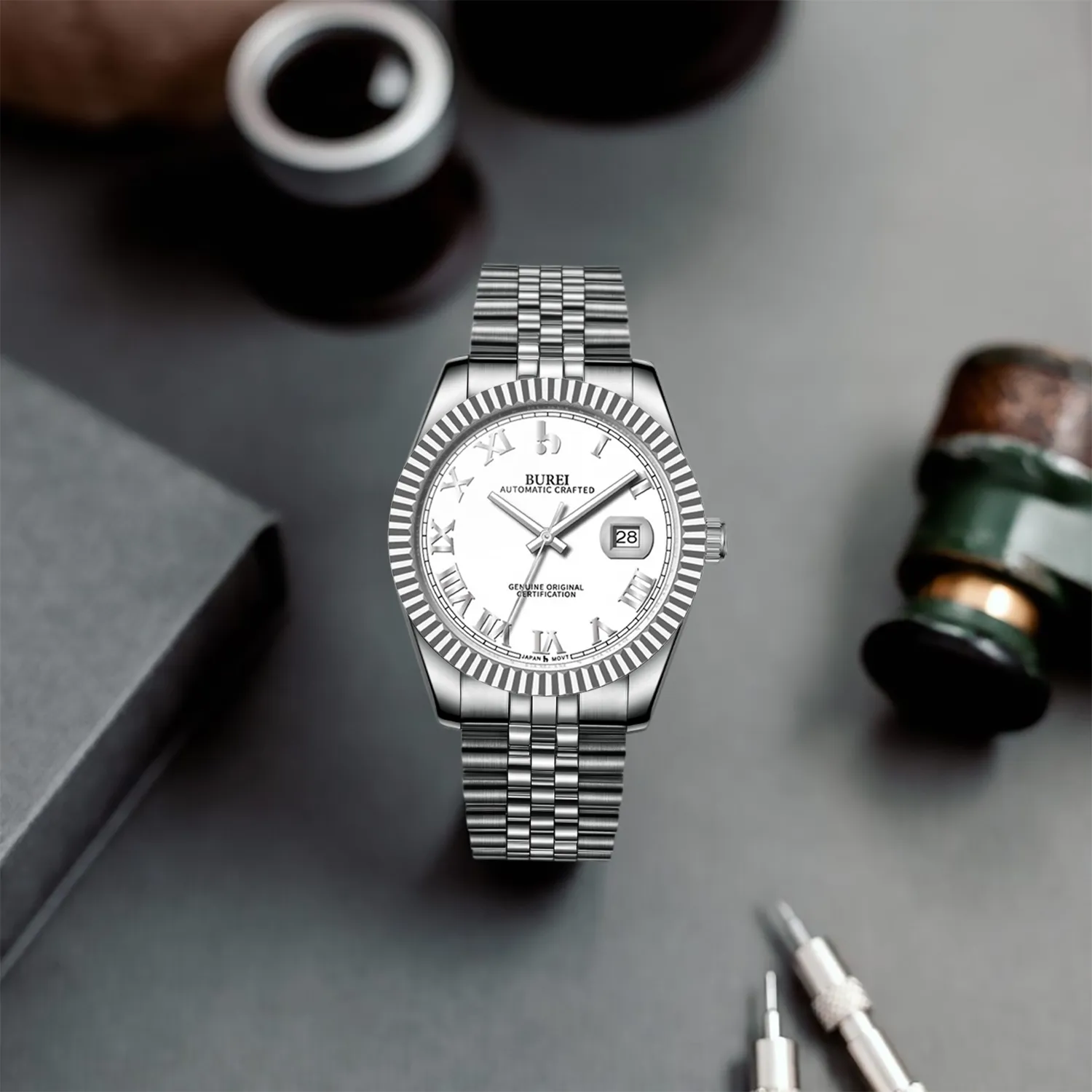 BUREI Men's Watch 41mm, Classic Stainless Steel, Waterproof Machine Watch with Date, Sapphire Crystal, Business Dress Wristwatch sold by Burei product image thumbnail 2