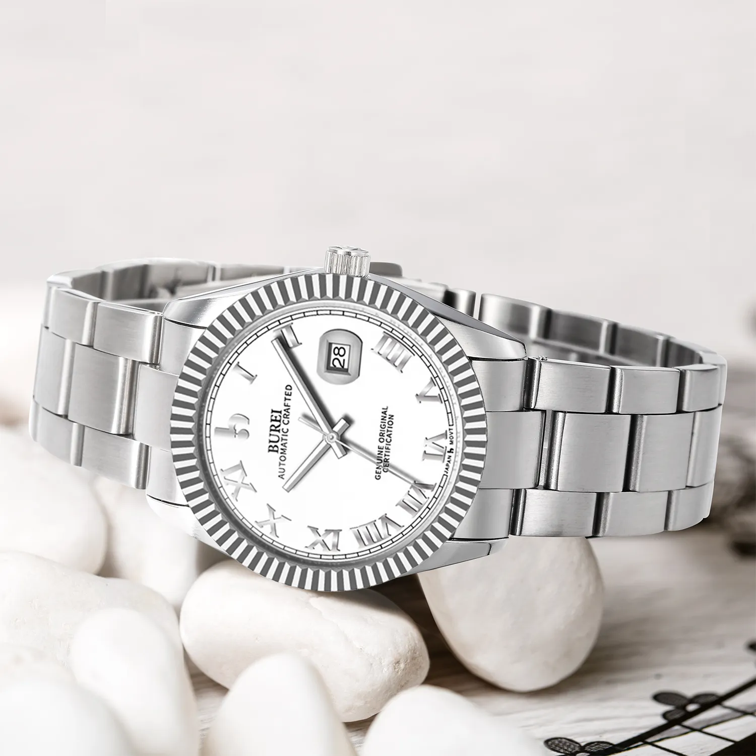 BUREI Men's Watch 41mm, Classic Stainless Steel, Waterproof Machine Watch with Date, Sapphire Crystal, Business Dress Wristwatch sold by Burei product image thumbnail 2