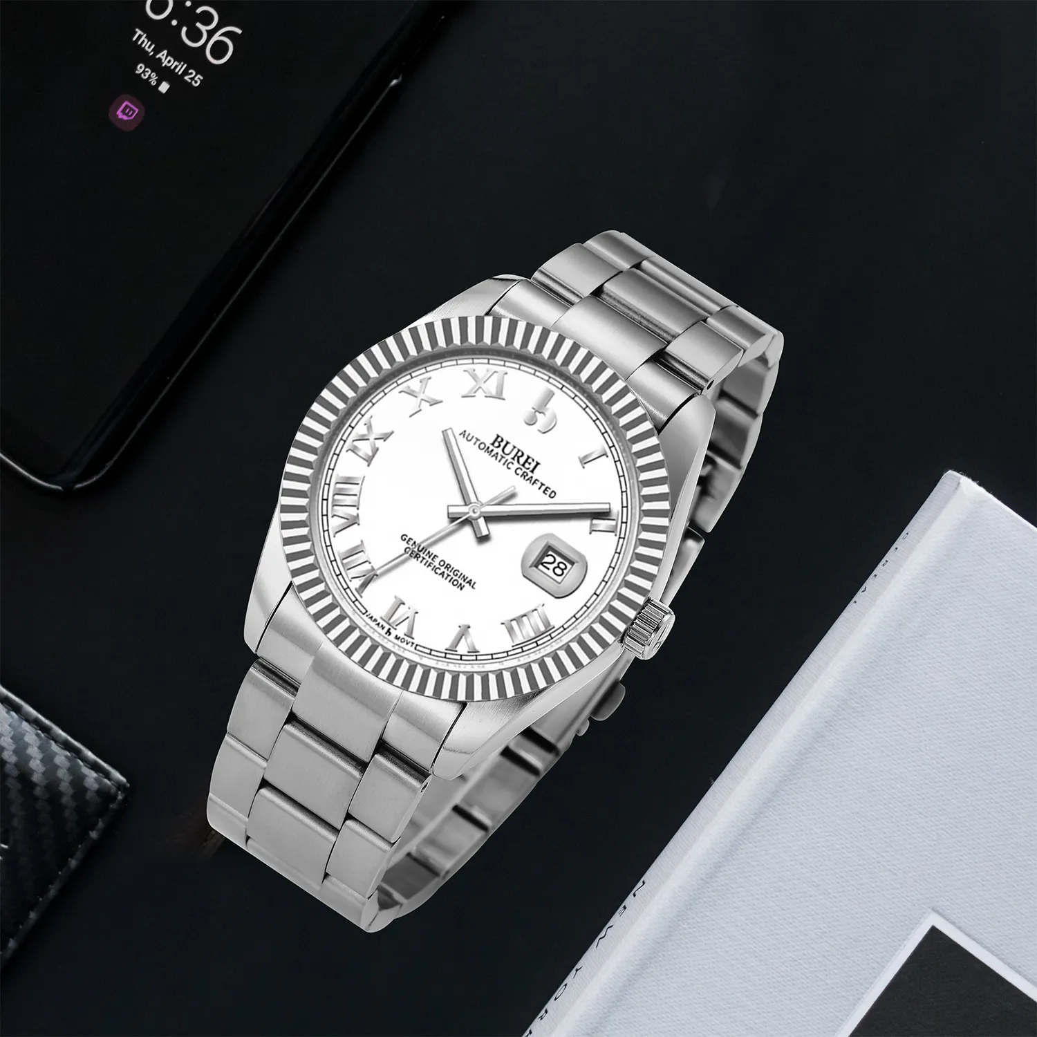 BUREI Men's Watch 41mm, Classic Stainless Steel, Waterproof Machine Watch with Date, Sapphire Crystal, Business Dress Wristwatch sold by Burei product image thumbnail 3