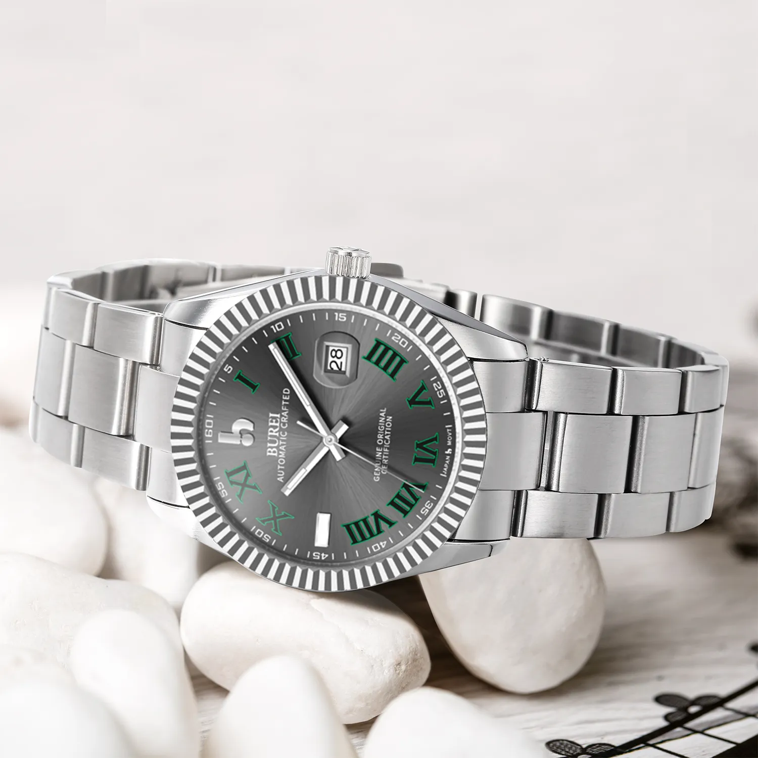 BUREI Men's Watch 41mm, Classic Stainless Steel, Waterproof Machine Watch with Date, Sapphire Crystal, Business Dress Wristwatch sold by Burei product image thumbnail 2