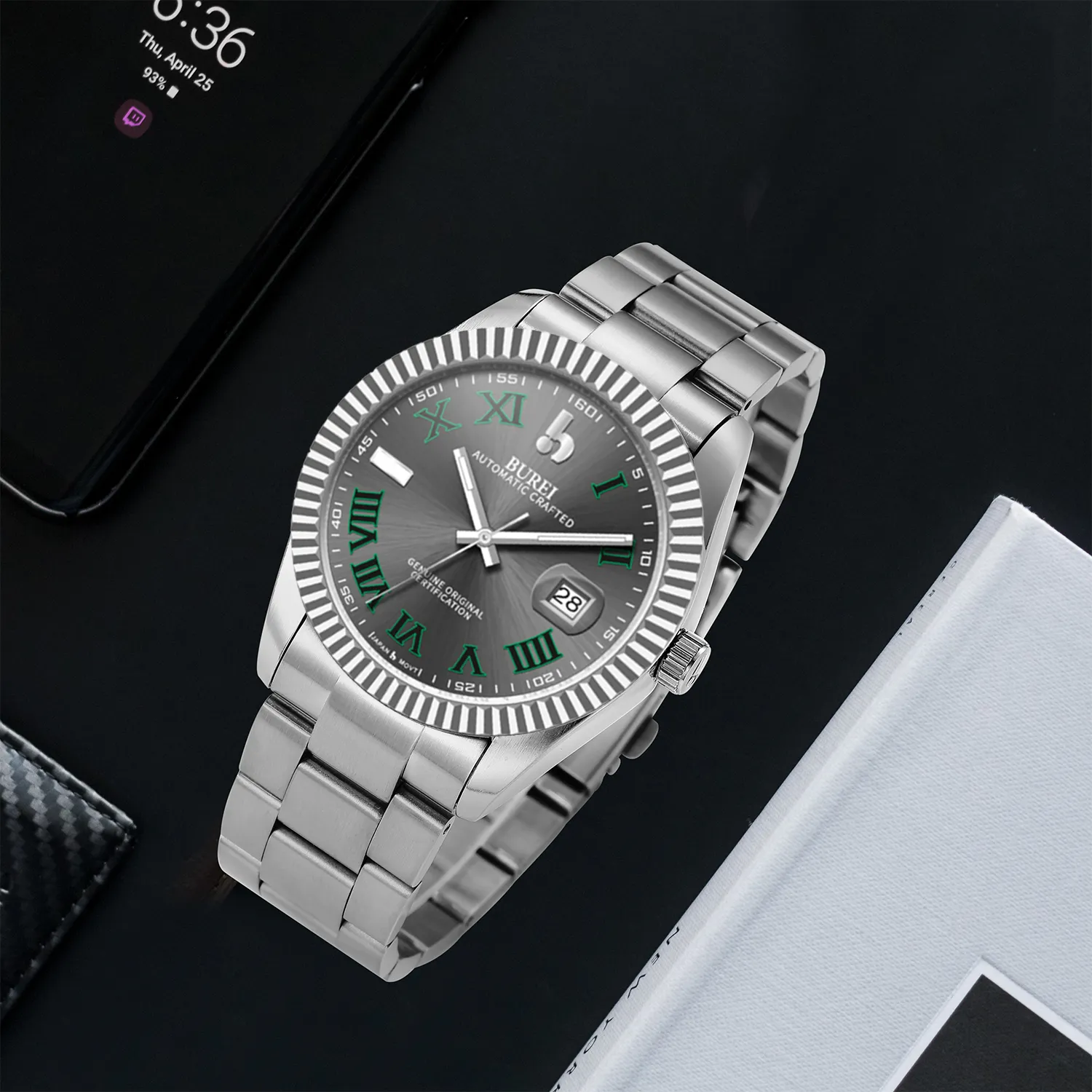 BUREI Men's Watch 41mm, Classic Stainless Steel, Waterproof Machine Watch with Date, Sapphire Crystal, Business Dress Wristwatch sold by Burei product image thumbnail 3