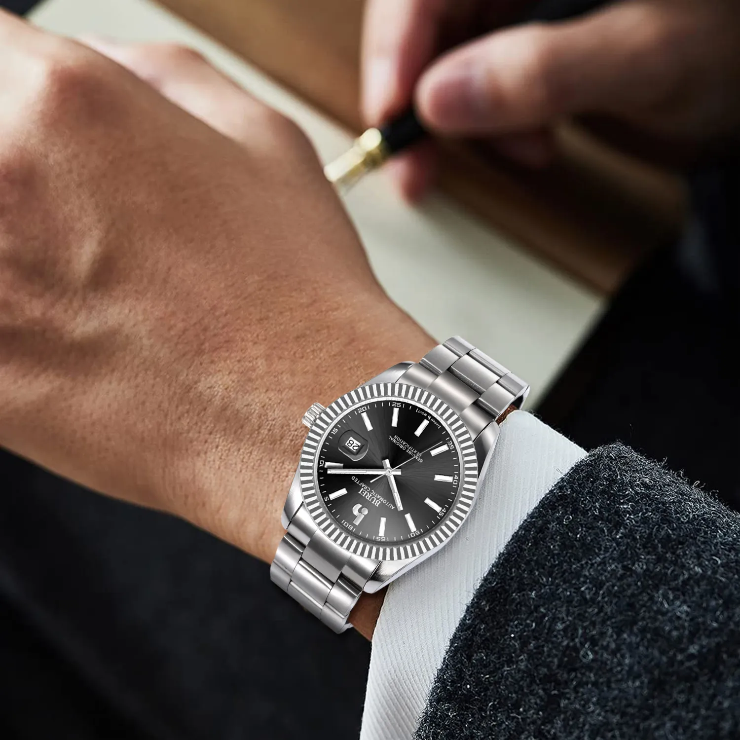 BUREI Men's Watch 41mm, Classic Stainless Steel, Waterproof Machine Watch with Date, Sapphire Crystal, Business Dress Wristwatch sold by Burei product image thumbnail 4