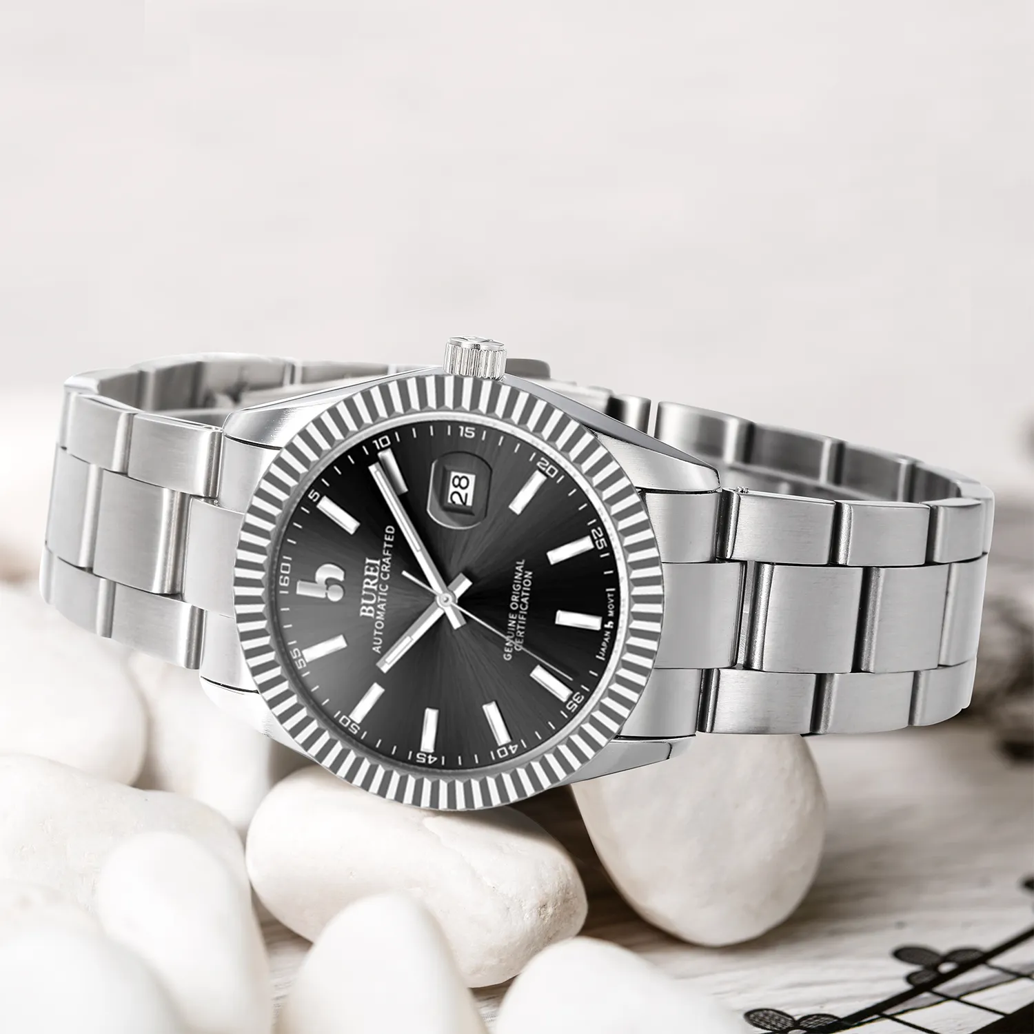 BUREI Men's Watch 41mm, Classic Stainless Steel, Waterproof Machine Watch with Date, Sapphire Crystal, Business Dress Wristwatch sold by Burei product image thumbnail 2