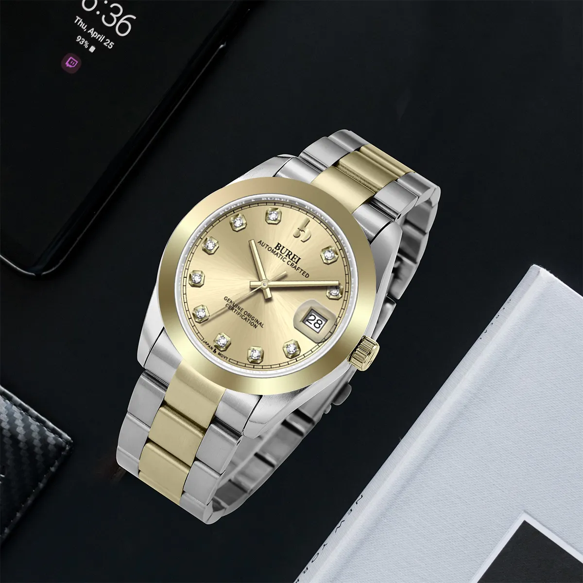 BUREI Luxury Automatic Watch 36mm, Fashion Waterproof Mechanical Watch, Adjustable Stainless Steel Two Tone Strap sold by Burei product image thumbnail 2
