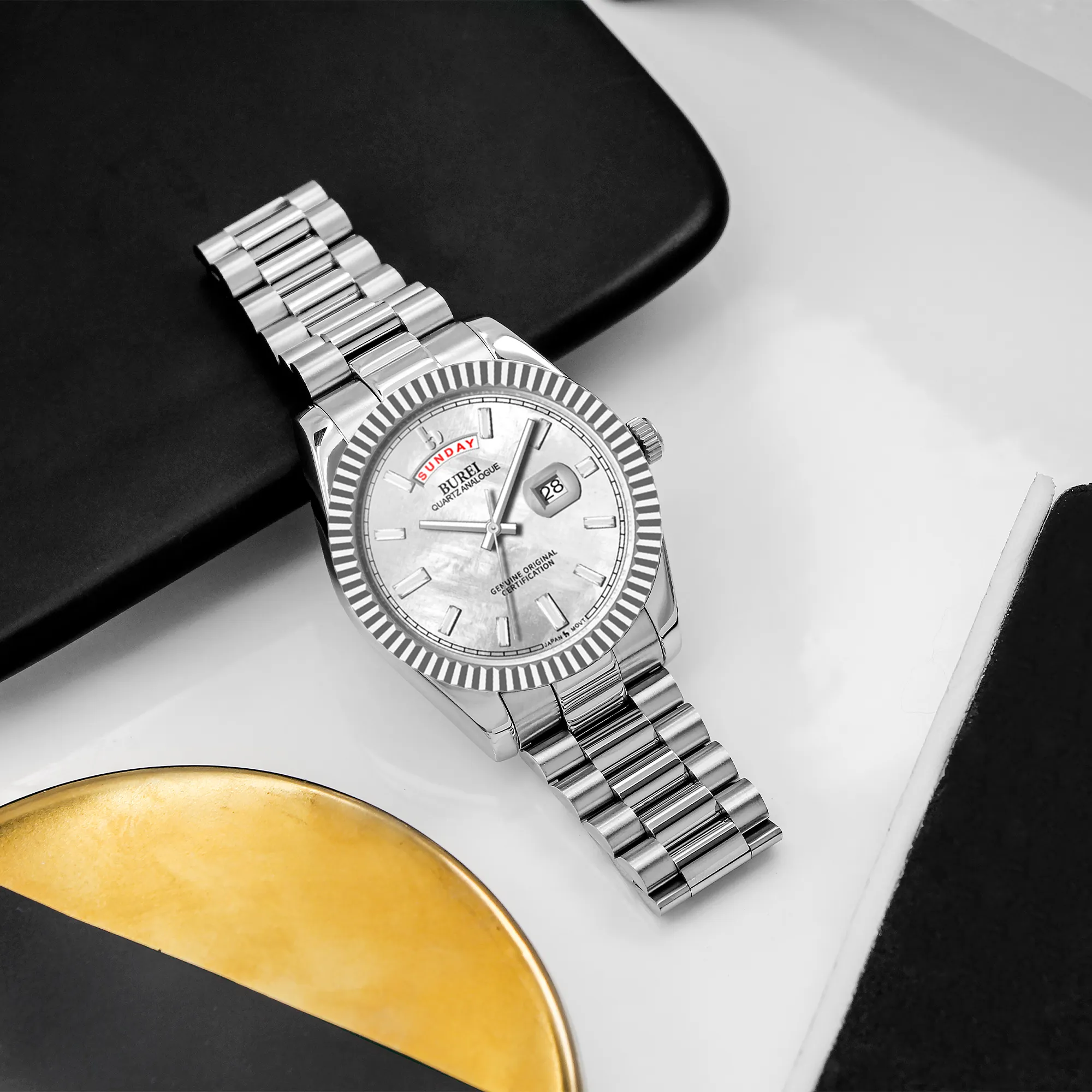 BUREI Mens Watch 41mm, Stainless Steel Analog Quartz, Waterproof with Calendar, Sapphire Crystal Dial, Business Casual Luxury Wristwatch sold by Burei product image thumbnail 2