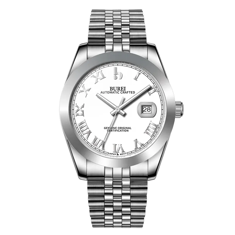 BUREI Men's Watch 41mm, Classic Stainless Steel, Waterproof Machine Watch with Date, Sapphire Crystal, Business Dress Wristwatch sold by Burei