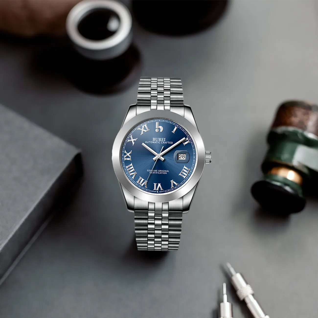 BUREI Men's Watch 41mm, Classic Stainless Steel, Waterproof Machine Watch with Date, Sapphire Crystal, Business Dress Wristwatch sold by Burei product image thumbnail 5