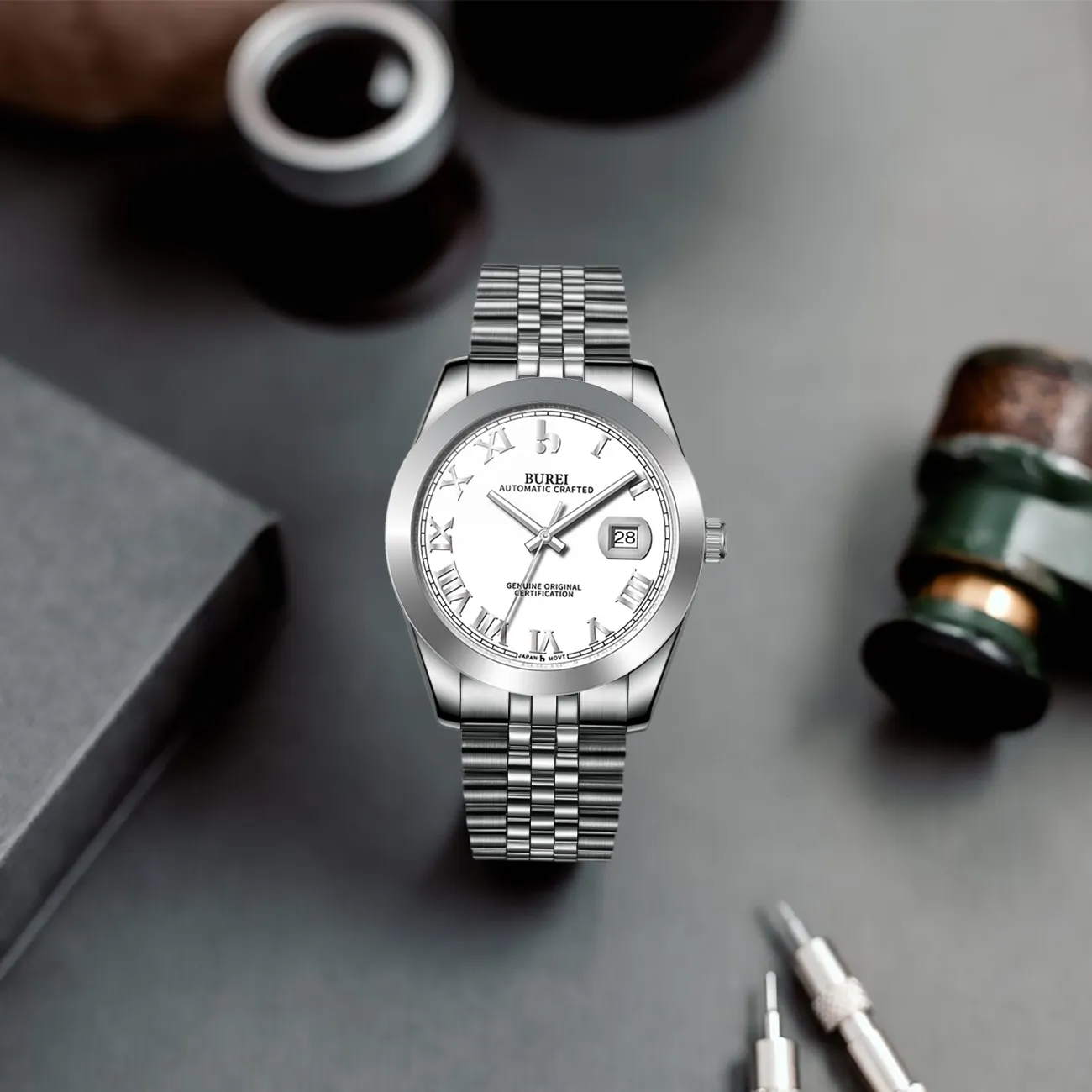 BUREI Men's Watch 41mm, Classic Stainless Steel, Waterproof Machine Watch with Date, Sapphire Crystal, Business Dress Wristwatch sold by Burei product image thumbnail 2