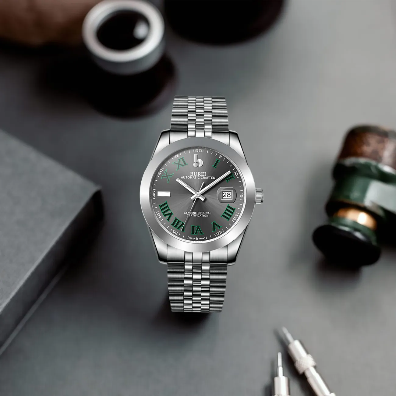 BUREI Men's Watch 41mm, Classic Stainless Steel, Waterproof Machine Watch with Date, Sapphire Crystal, Business Dress Wristwatch sold by Burei product image thumbnail 2