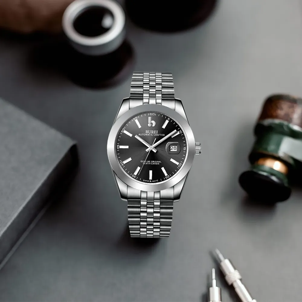 BUREI Men's Watch 41mm, Classic Stainless Steel, Waterproof Machine Watch with Date, Sapphire Crystal, Business Dress Wristwatch sold by Burei product image thumbnail 2