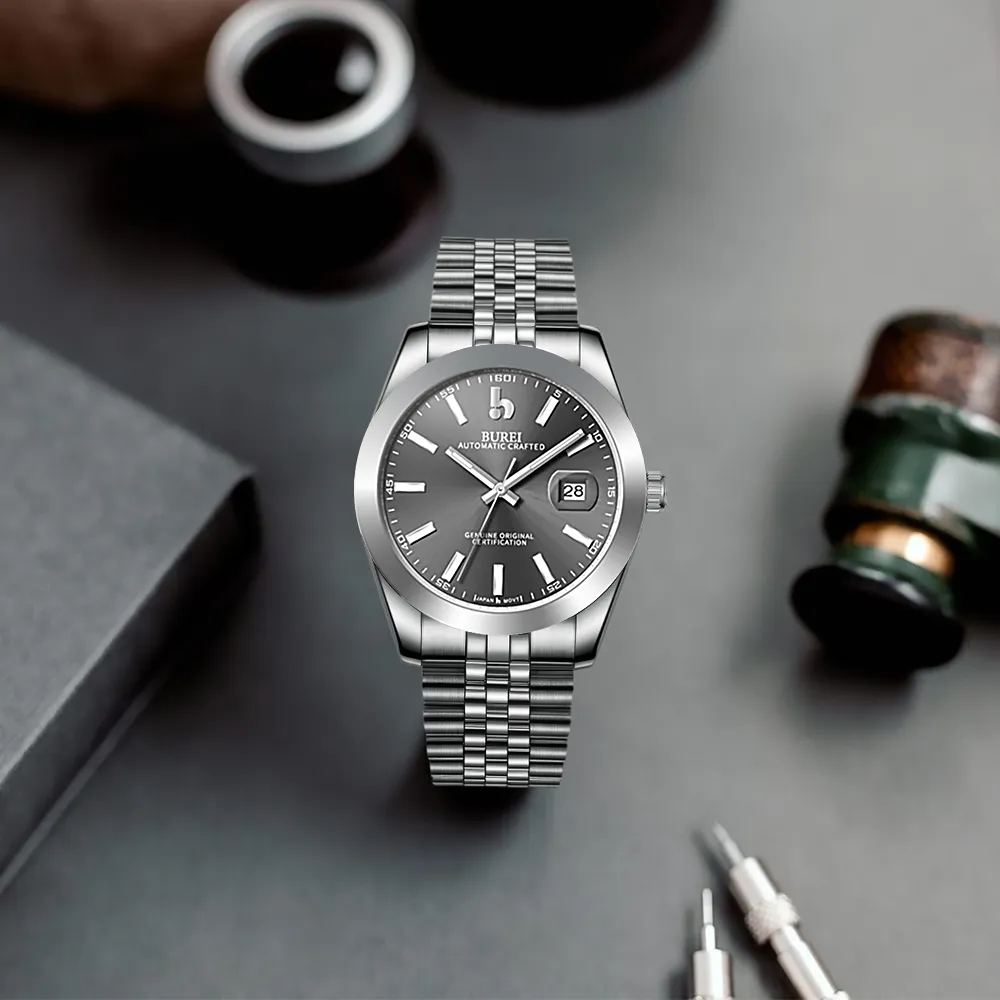BUREI Men's Watch 41mm, Classic Stainless Steel, Waterproof Machine Watch with Date, Sapphire Crystal, Business Dress Wristwatch sold by Burei product image thumbnail 5