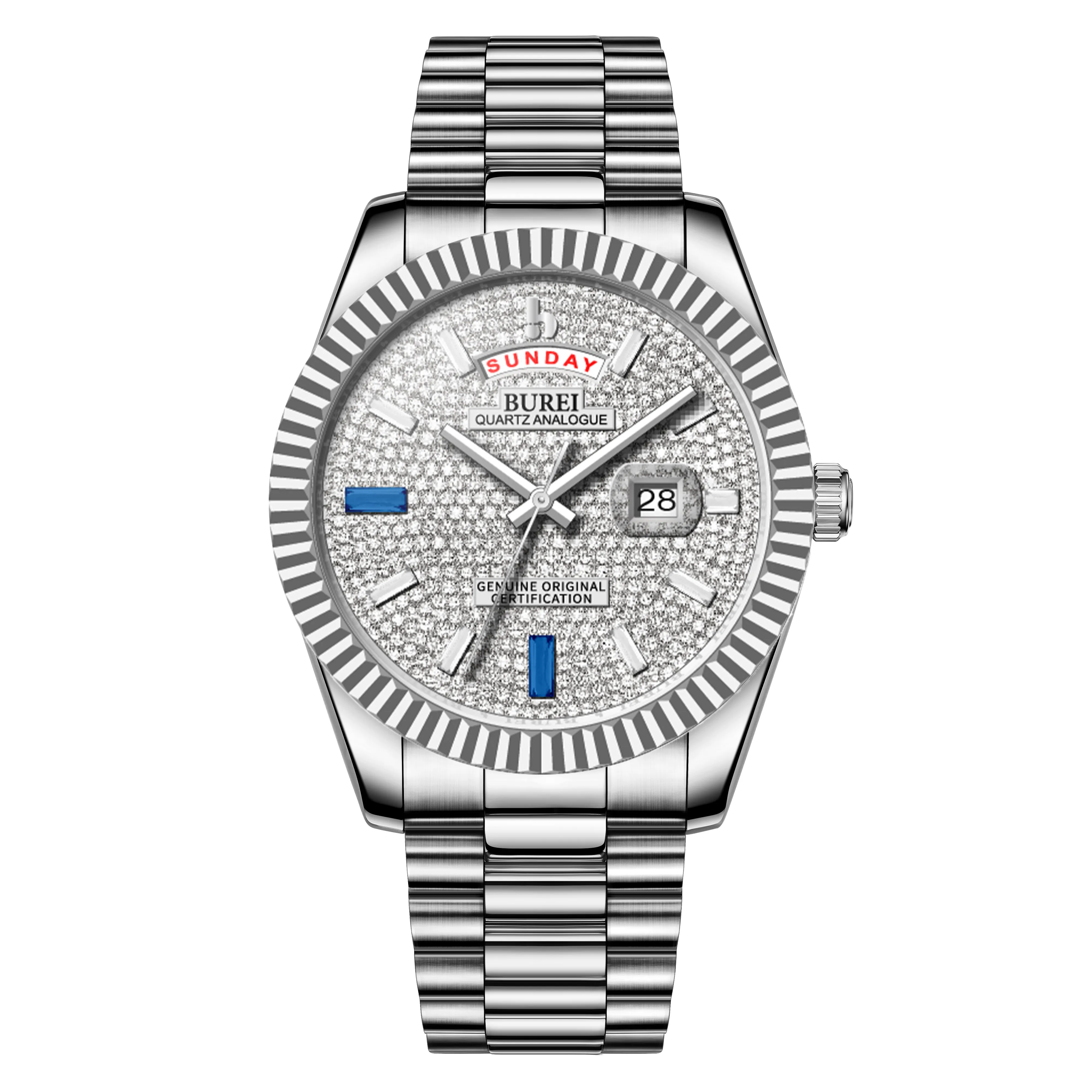 BUREI Mens Watch 41mm, Stainless Steel Analog Quartz, Waterproof with Calendar, Sapphire Crystal Dial, Business Casual Luxury Wristwatch sold by Burei