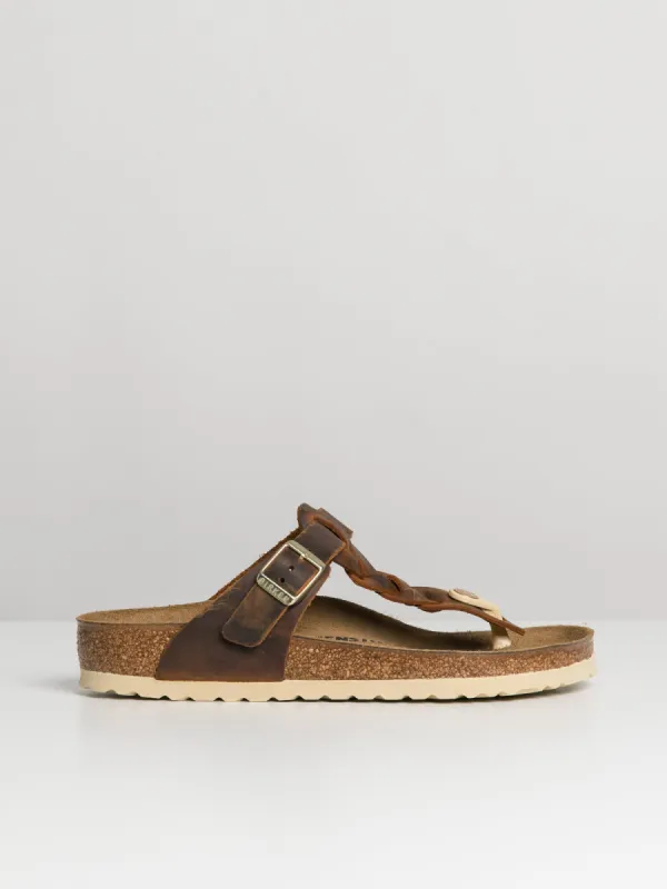 WOMENS BIRKENSTOCK GIZEH BRAIDED LEATHER SANDALS - REGULAR - COGNAC sold by Blackwell