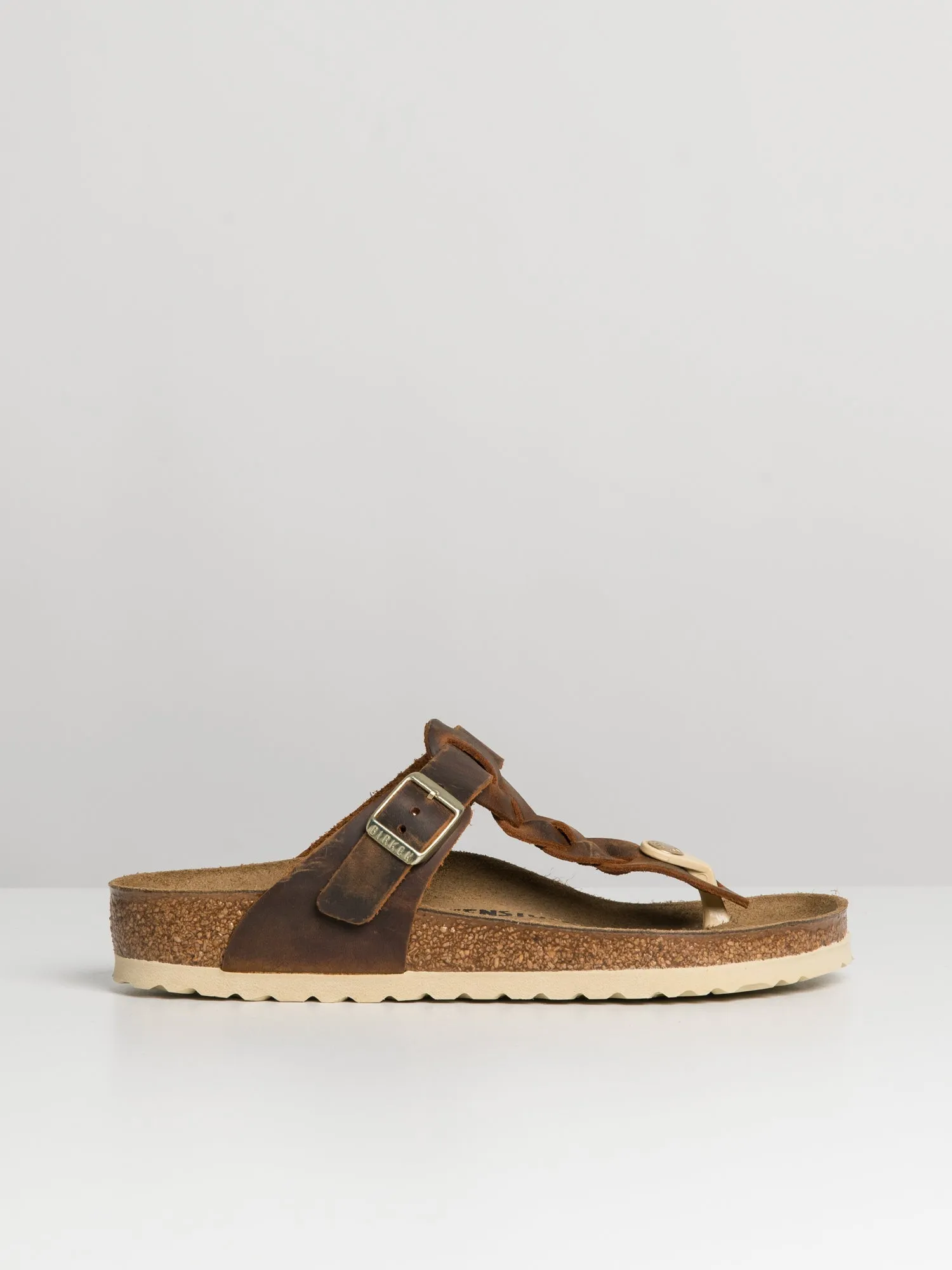 WOMENS BIRKENSTOCK GIZEH BRAIDED LEATHER SANDALS - REGULAR - COGNAC sold by Blackwell