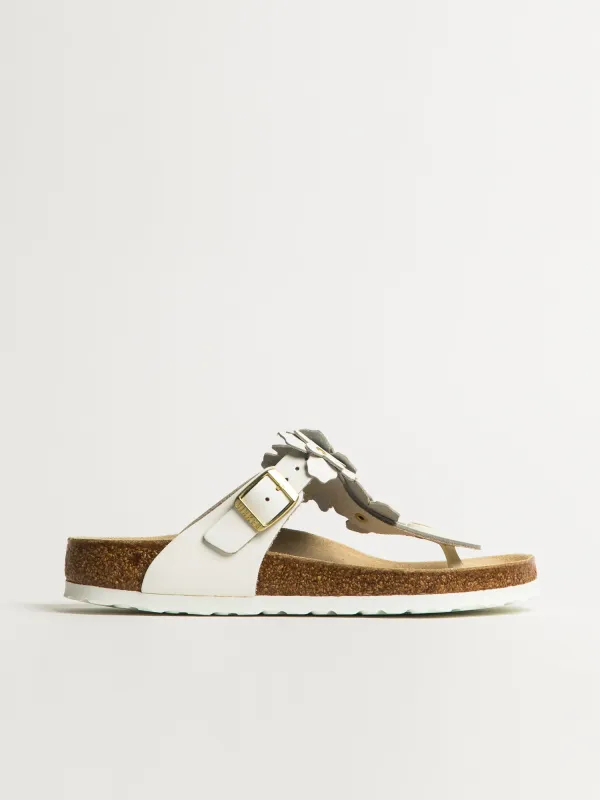 WOMENS BIRKENSTOCK GIZEH FLOWER LEATHER SANDALS - REGULAR - WHITE sold by Blackwell