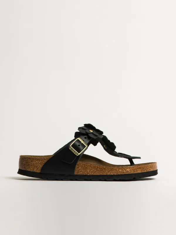 WOMENS BIRKENSTOCK GIZEH FLOWER LEATHER SANDALS - REGULAR - BLACK sold by Blackwell