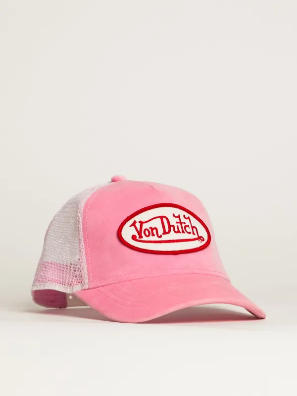 VON DUTCH VELVET TRUCKER HAT - PINK made by Von Dutch