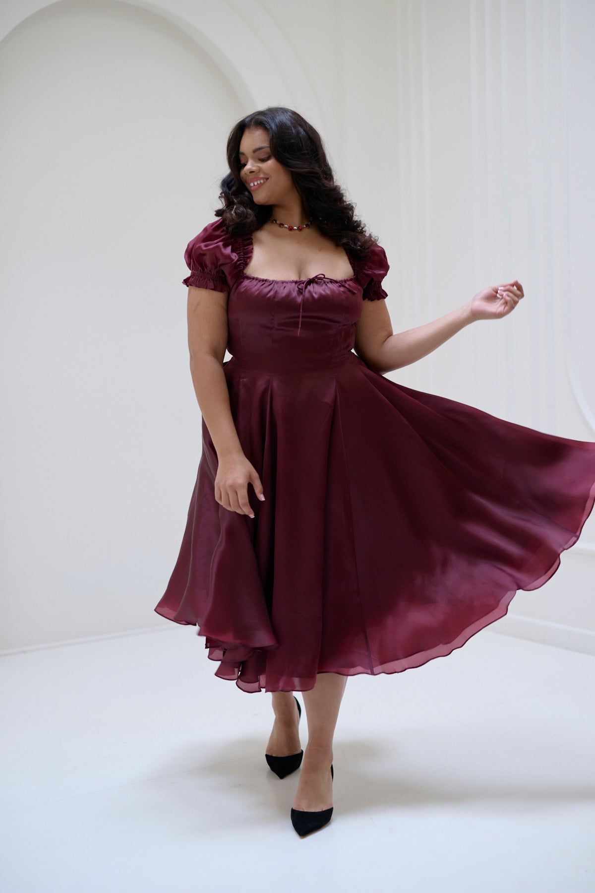 the silk satin bordeaux garden party dress santa's fave wearing one of my favorite holiday dresses, the bordeaux garden party dress by @selkie use SANDRADURAN on your next christmas party dress bow mules are @lulus