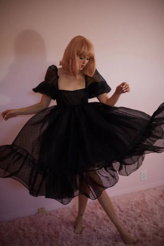 The Caviar Polka Dot French Puff Dress sold by Selkie